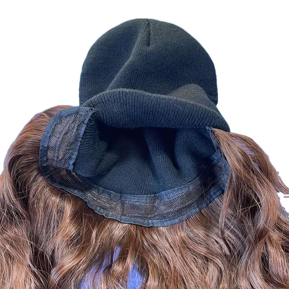 Long Curly Wavy Brown Hair Beanie Wig • Black Knit Hat Attached Extensions 30”